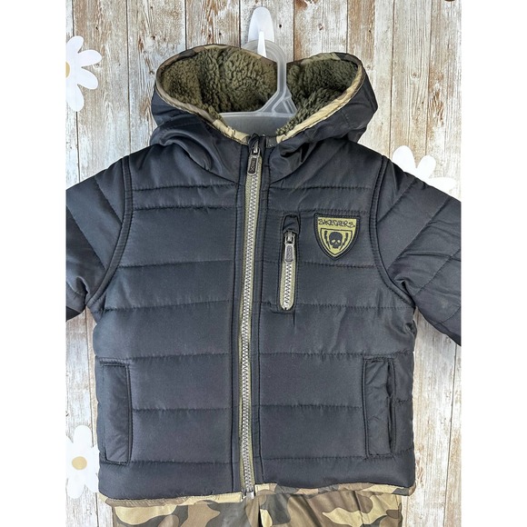 Skechers Baby Boys Romper Quilted Jacket Sz 12 Mos Black Brown Camo Patches Logo - Picture 4 of 9